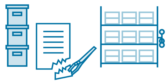 Kartonstapel, Dokument mit abgerissener Ecke und Pinzette, Rollregal mit Kartons
