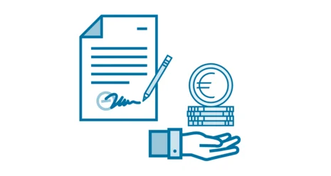 Die Grafik zeigt ein unterschriebenes Dokument sowie eine Hand mit Münzen.