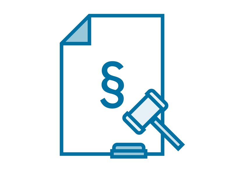 Die Grafik zeigt einen Richterhammer vor einem Dokument mit Paragrafenzeichen.