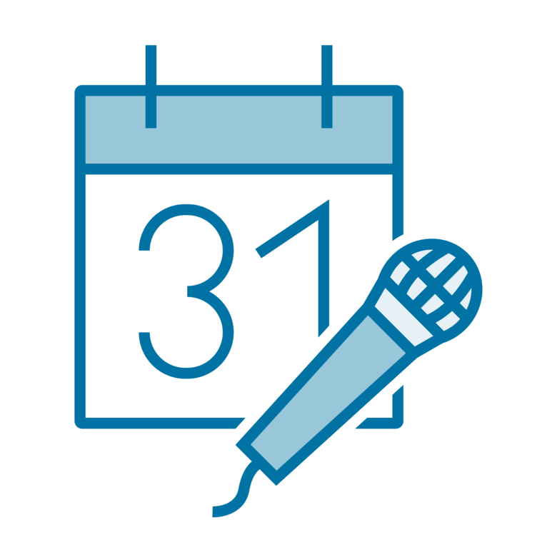 Die Grafik zeigt ein Mikrofon vor einem Kalenderblatt mit der Zahl 31.