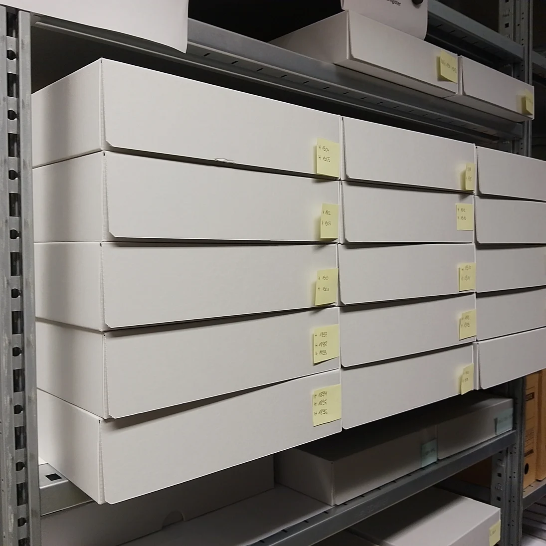 Regale mit verpacktem Archivgut.