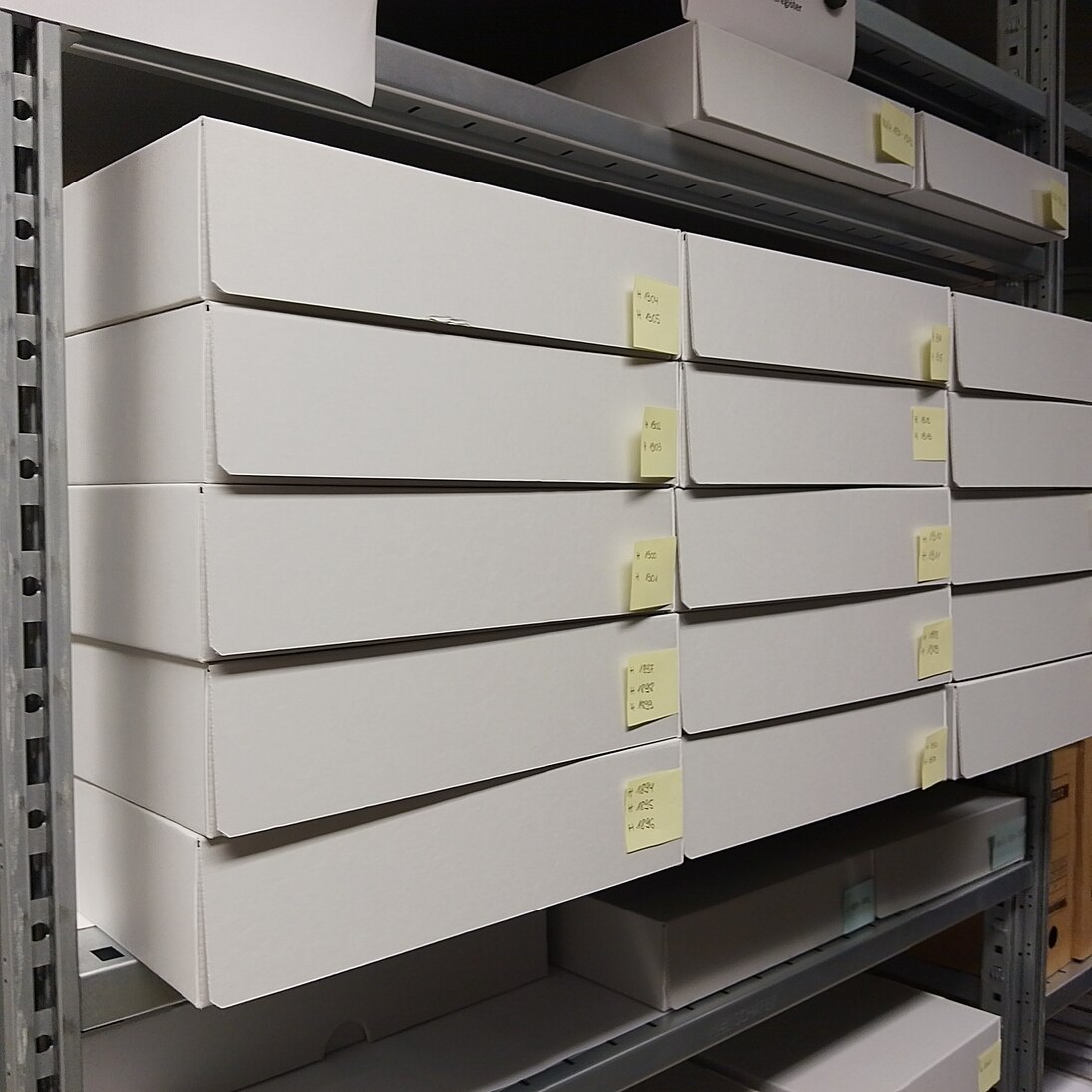 Regale mit verpacktem Archivgut.