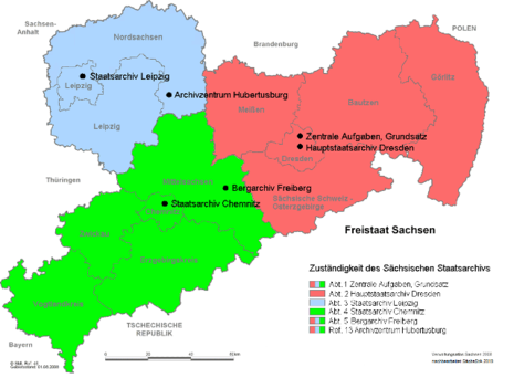 Übersicht der Zuständigkeiten im Sächsischen Staatsarchiv in Form einer thematischen Karte